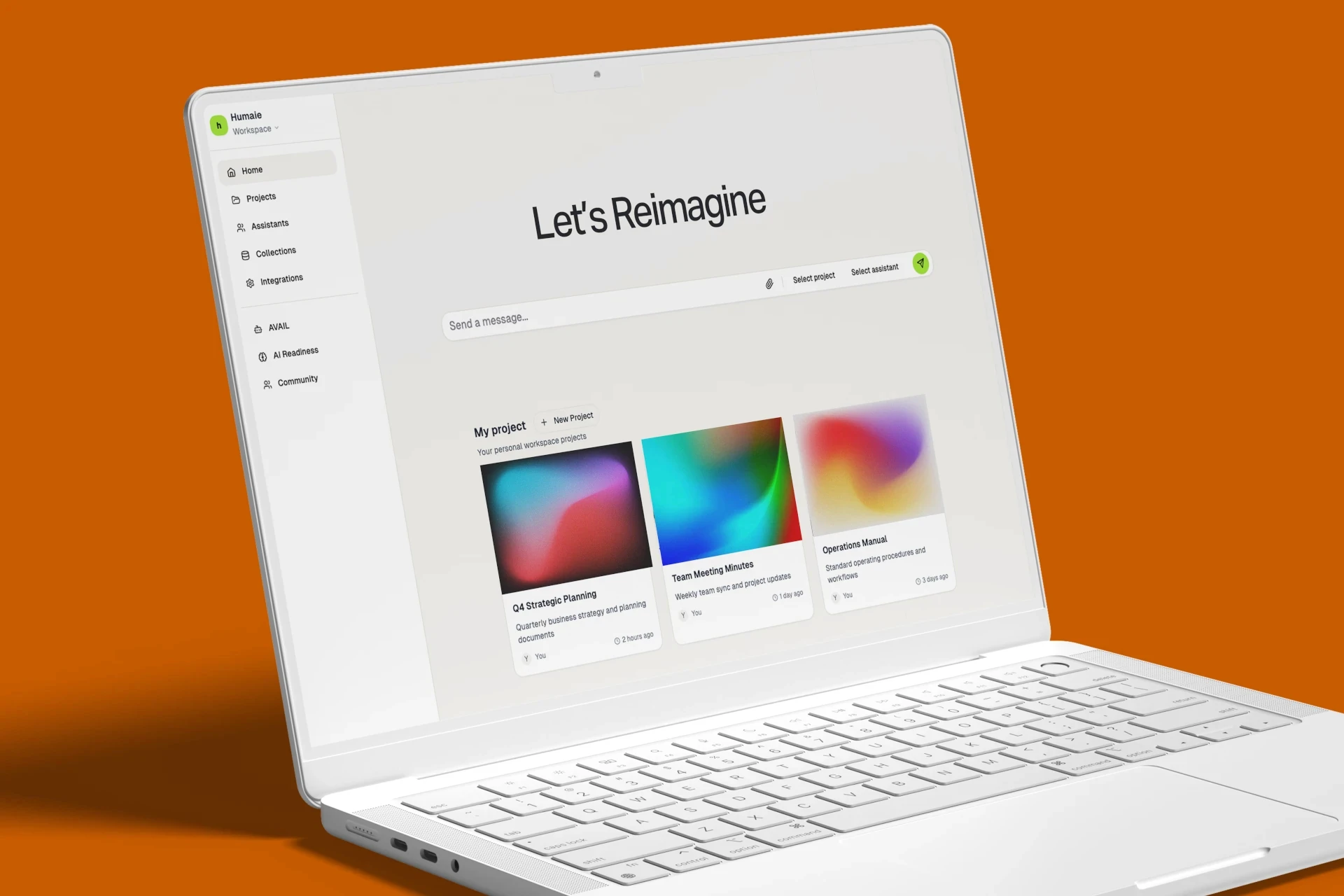 Humaie’s shared AI workspace showing projects, assistants and collections on a laptop